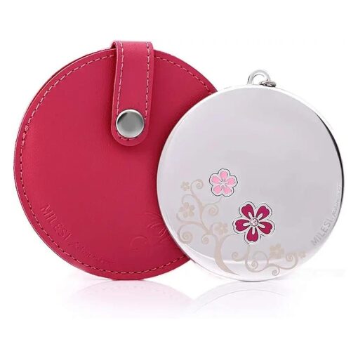 MILESI Cherry Blossom Mini Round Makeup Mirror with Leather Holster Gift for Women ( Peach Red )