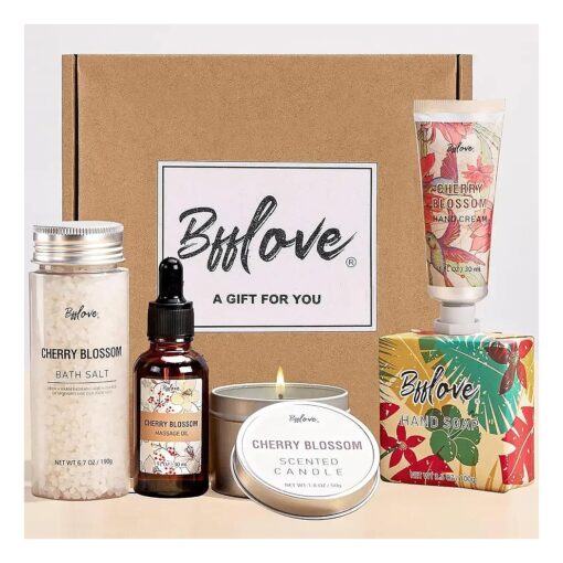 Gifts for Women BFFLOVE Gift Set for Women 5pcs Cherry Blossom Spa Set, Birthday Gifts for Women with Massage Oil, Scented Candle, Bath Salts, Hand Cream, Mothers Day Gifts