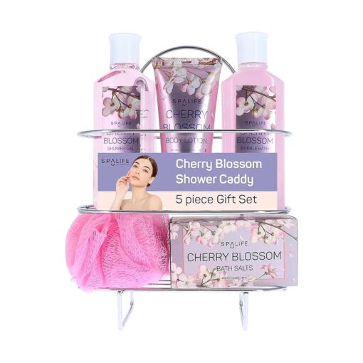 SpaLife Cherry Blossoms Gift Set - 5-Piece Bath and Shower Caddie, Bubble Bath, Shower Gel, Bath Salts, Body Lotion, Relaxing Luxury At Home Spa Experience, Perfect Christmas Bath Gift for Women