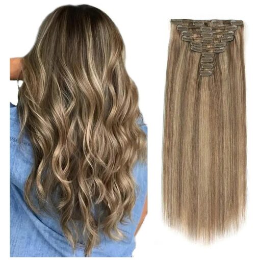 160g 20 inch Clip in Human Hair Extensions, Piano Color Chestnut Brown Mix with Dark Dirty Blonde Highlights P6-12 10 pieces 21 clips