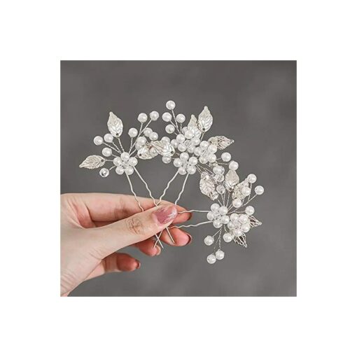 Heread Pearl Bride Wedding Hair Pins Leaf Bridal Head Piece Flower Hair Accessories for Women and Girls ( Pack of 3 ) ( Silver )