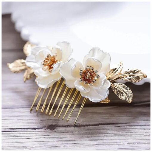 Yean Bride Flower Bridal Hair Comb Gold Leaf Wedding Hair Piece Floral Hair Accessories for Women and Girls ( Gold )