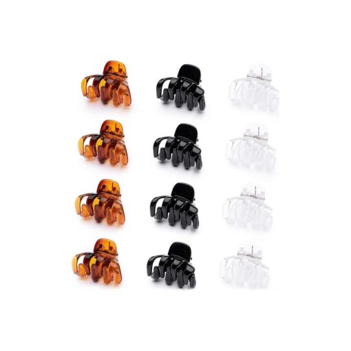 Cobahom 12 Pack Small Hair Claw Clips 1.2 Inch Plastic Hair Clips for Thin Hair No-Slip Mini Hair Clips Hair Styling Accessories for Women and Girls, Black, Brown and White