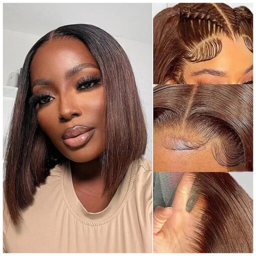 Chocolate Brown Bob Wigs 13x4 Color # 4 Bob Wig Human Hair 180 % Density Lace Front Wigs Human Hair Straight Short Bob Wig Pre Plucked with Baby Hair