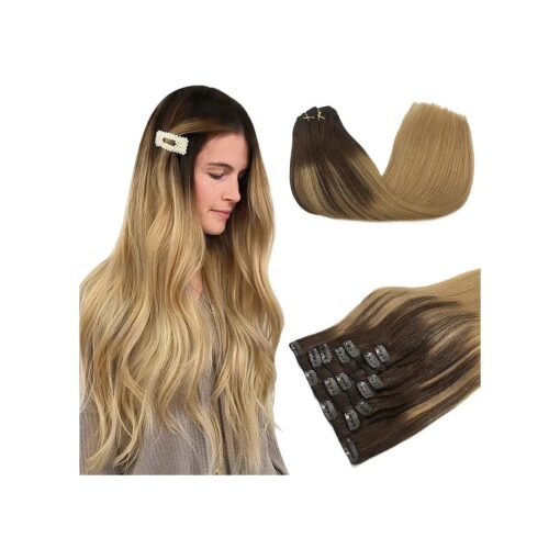 Hair Extensions Clip in Human Hair Balayage Chocolate Brown Highlighted Dirty Blonde 120g 7pcs 16 Inch Clip in Human Hair Extensions Real Natural Hair Extensions Straight Thick