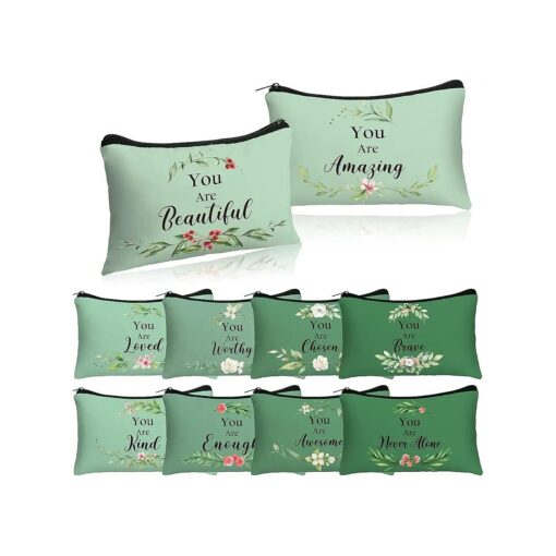 Hillban 10 Pcs Christian Graduation Gifts for Her Women Inspirational Canvas Cosmetic Bag Bulk Church Gift for Master Degree Phd Graduation Gifts You Are Amazing Loved Wedding Gift ( Greenery )