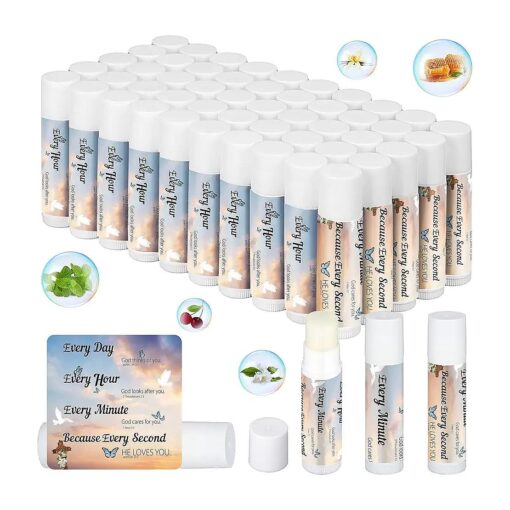 50 Pcs Lip Balm Christian Gift for Women Faith Scripture Gift with Bible Verse Prayer Religious Bulk Gifts Inspirational Lip Care Product for Friend Sister Teacher Worker Birthday, 5 Flavors