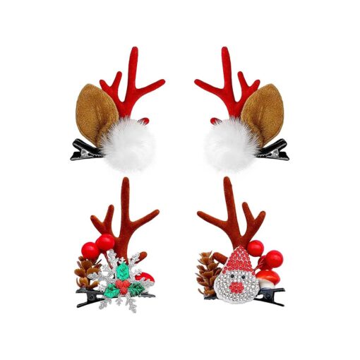 Christmas Hair Clips, 2 Pairs Cute Reindeer Antlers Christmas Day Hair Pins, Deer Horns Christmas Hair Accessories, Christmas Barrettes for Women Girls Kids Adults and Party Favors