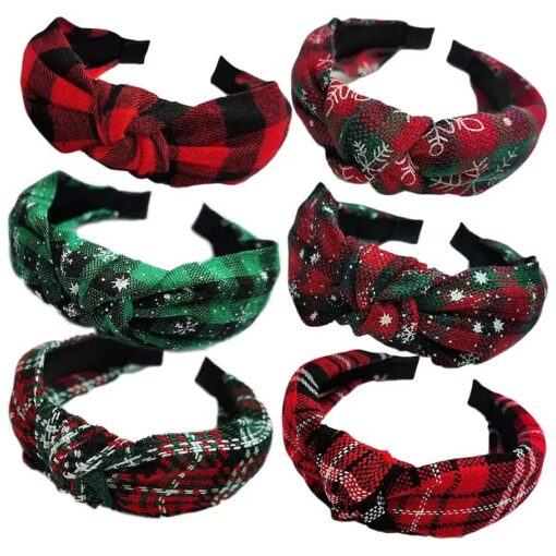 6PCs Christmas Knotted Plaid Headbands Vintage St. Patrick 's Day Hair Band Retro Wide Check Fashion Headband for Women Girl Christmas Hair Accessories ( A-6PCs )