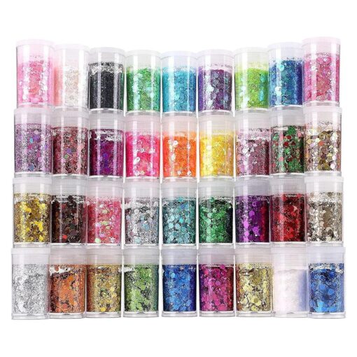 Chunky and Fine Glitter Mix, Estanoite 36 Colors Chunky Sequins & Fine Glitter Powder Mix, Iridescent Glitter Flakes, Cosmetic Makeup Glitter for Face Body Eye Nail Art, Loose Glitter for Resin Epoxy