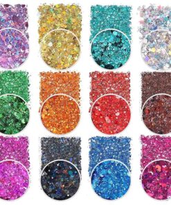 Holographic Chunky Glitter Sequins, 12 Colors Mixed Cosmetic Glitter for Face Body Eye Hair Nail Art Lip Gloss Makeup, Festival Glitter with Different Hexagons Size and Stars ( Laser Mix )