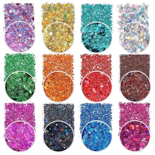 Holographic Chunky Glitter Sequins, 12 Colors Mixed Cosmetic Glitter for Face Body Eye Hair Nail Art Lip Gloss Makeup, Festival Glitter with Different Hexagons Size and Stars ( Laser Mix )