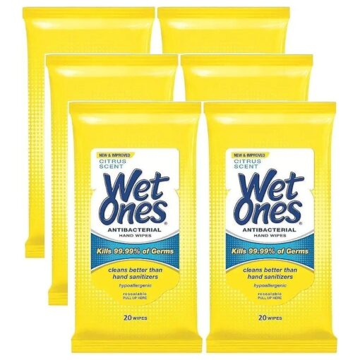 Wet Ones Antibacterial Hands & Face Wipes, Citrus Scent, 20 Count Travel Pack ( Pack of 6 )