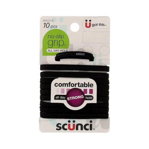 Scunci All Day Hold No-Slip Grip Black Elastics, 10 Count ( Pack of 2 )