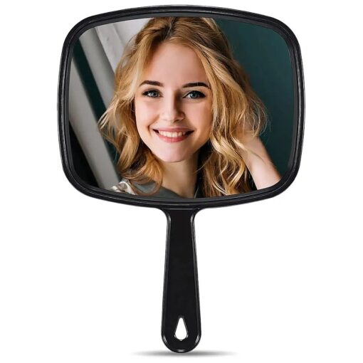 Hand Mirror, Barber Hairdressing Handheld Mirror with Handle for Salon, Square, Black, Medium