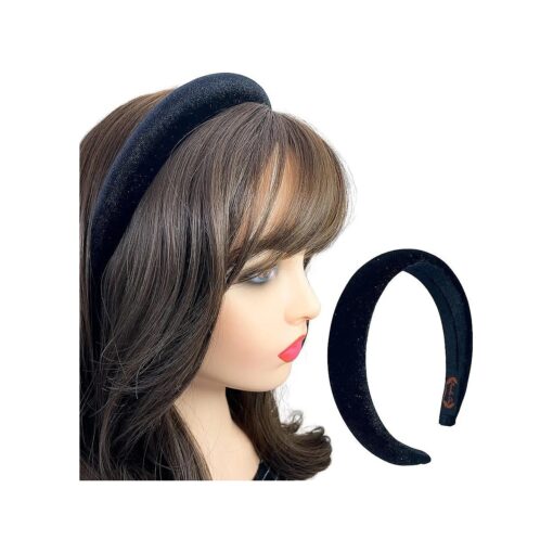 Black Padded Headband Velvet Headbands Puffy Sponge Thick Hairbands Vintage Wide Hair bands for Women girls accessories Trendy and Cute solid color headbands ( Black )