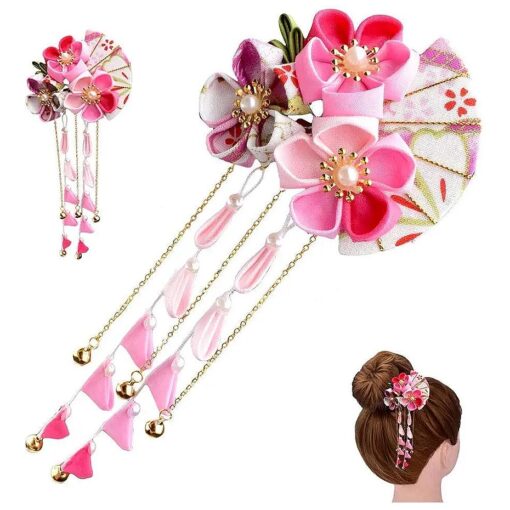 Womens Girls Japanese Hair Pin Decor Kanzashi Hair Sticks Picks Kimono Hanfu Accessories Japanese Flower Hair Tie Band Clip ( H )