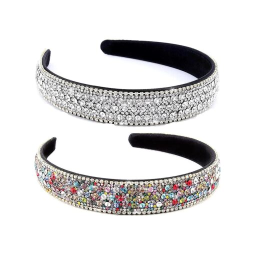 YISSION 2 PCS Rhinestone Headbands for Women, Glitter Crystal Headband Fashion Jeweled Headbands for Girls, Gorgeous Hair Accessories for Women Silver Rainbow Color