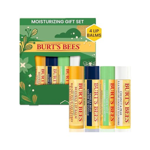 Burt 's Bees Holiday Gift, 4 Lip Balms Stocking Stuffer, Assorted Mix Set, Classic Beeswax, Vanilla, Cucumber Mint & Coconut And Pear