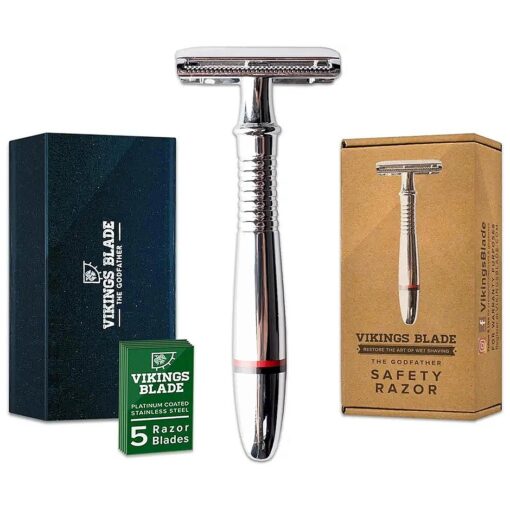 VIKINGS BLADE Double Edge Safety Razor for Men + 5 Swedish Steel Blades + Luxury Case, Classic 3-Piece, Reusable, Eco-Friendly ( The Godfather )