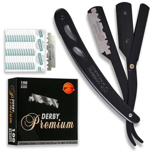 Straight Edge Razor with 100 Single Derby Straight Razor Blades-Barber Straight Razor-Close Shaving Manual Shaver-Disposable Straight Razor Blades ( Matte Black Razor w/Black 100 Derby Blades )