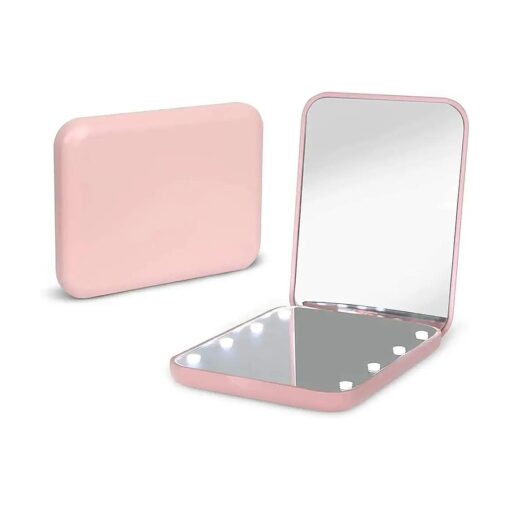 Kintion Pocket Mirror, 1X/3X Magnification LED Compact Travel Makeup Mirror with Light for Purse, 2-Sided, Portable, Folding, Handheld, Small Lighted Mirror for Gift, Pink