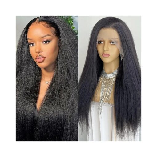 Long Light Yaki 13x6 Lace Front Wig 180 % Density Kinky Straight Daily Wigs Natural Color Pre Plucked Free Style Synthetic Fiber Hair 24Inch for Black Women