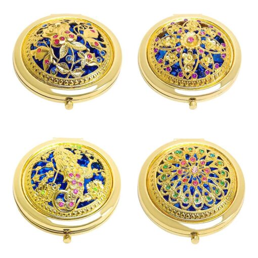 4 Pcs Vintage Foldable Mirror Metal Vanity Mirror Travel Mirror Makeup Mirror Pocket Mirror Double Sided Compact Cosmetic Mirror, Random Style ( Gold )