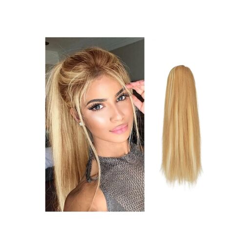 BARSDAR Drawstring Ponytail Extensions, 14 In Short Straight Blonde Ponytail Hair Extensions Synthetic Clip in Pony Tails Hairpieces for Women Girls Daily Party Halloween- Golden Blonde Mixed