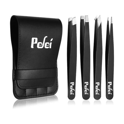 Pefei Tweezers Set - Professional Stainless Steel Tweezers for Eyebrows - Great Precision for Facial Hair, Splinter and Ingrown Hair Removal ( Black )