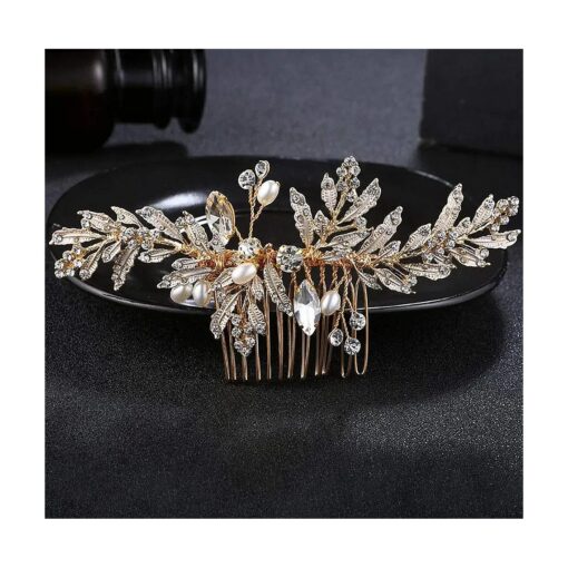 Denifery Wedding Gold Rhinestone Pearls Flower and Leaf Hair Comb Bridal Vintage Headpiece Crystal Women Hair Comb Bridal Hair Comb Wedding Hair Piece Wedding Accessories