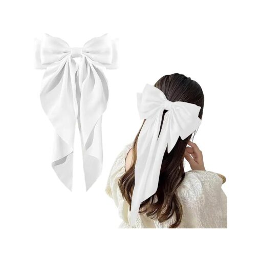 Large Hair Bow Clips for Women Girls Silky Satin Hair Barrettes with Long Ribbon Tail White Hair Bows Slides Wedding Hair Accessories for Women Girls ( white )