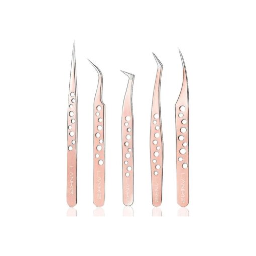 LANKIZ Eyelash Extension Tweezers Set 5 PCS for Volume Lash Extensions, High Precision Stainless Steel Lash Tweezers for Classic Individual Eyelash Extensions-9 Holes Rose Gold