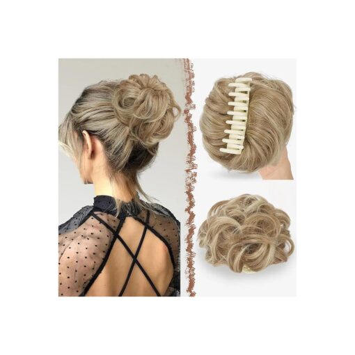 FESHFEN Claw Clip Messy Bun Hair Piece Hair Buns Mixed Blonde and Ash Blonde Tips Curly Wavy Hairpieces Updos Synthetic Chignon Hair Scrunchies Hair Bun Hair Pieces for Women 1PCS