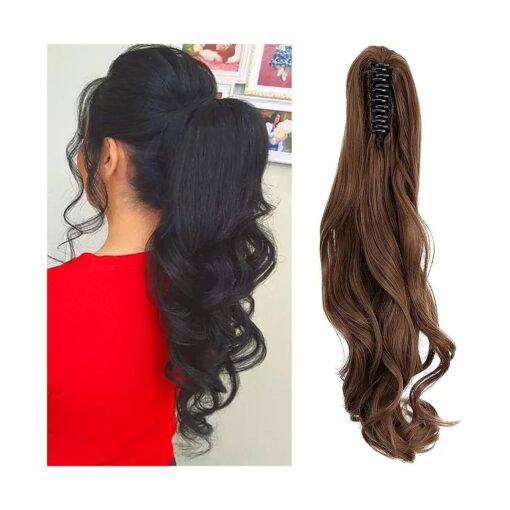 OMGREAT Claw Clip in Ponytail Hair Extension Synthetic Hair One Piece Clip on Hairpieces Curly 18 inch Light Chestnut Brown ( 150g )