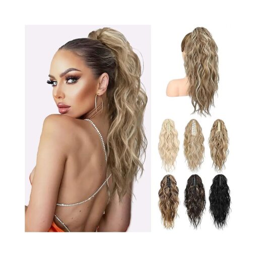 LONAI Ponytail Extension, 18" Wavy Claw Clip Ponytail Extensions ZJ001 Shoulder Length Curly Wavy Claw Clip in Ponytail Hair Extensions Synthetic Fake Pony tails Hairpieces-Dark Blonde with White Blonde Highlights