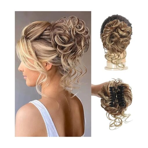 Claw Messy Bun Hair Pieces Clip Wavy Curly Hair Chignon Clip in Hairpieces Tousled Updo Donut Hair Bun Synthetic Fake Hair Ponytail for Women Girls Honey Brown mix with light Blonde