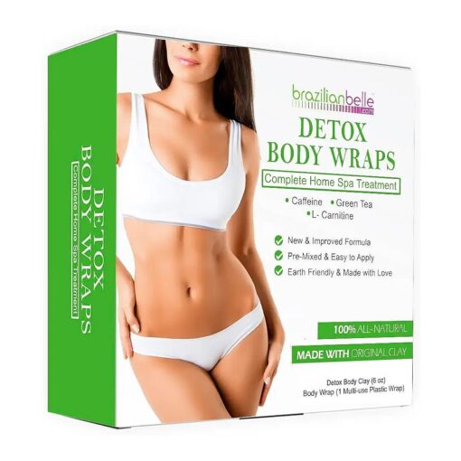 Brazilian Belle Detox Clay Body Wraps Complete Kit | Pre-mixed Spa Formula with Bentonite Clay, Caffeine & Aloe Vera | Cleanses & Improves Skin Texture | 8 Applications