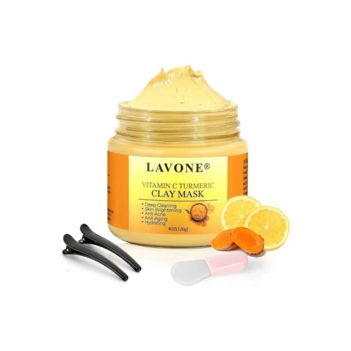 LAVONE Turmeric Vitamin C Clay Mask, Face Masks Skincare with Vitamin C, Aloe and Turmeric Extract for Dark Spots, Ances, Blackheads, Controlling Oil and Refining Pores 4 Oz, for All Skin Types .