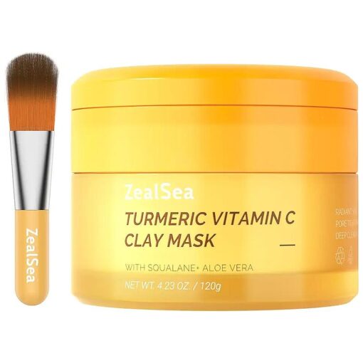 ZealSea Turmeric Clay Mask for Face with Vitamin C - Mud Mask for Face Clay Mask for Blackheads and Pores Face Mask Skin Care Facial Skincare, 4.23 Oz