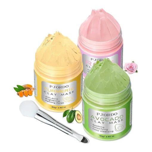 Clay Mask Kit, Turmeric Vitamin C Clay Mask, Avocado Clay Mask, Rose Clay Mask, Facial Mask Skin Care Set for Deep Cleansing Reduce Blackheads Dark Spots, Perfect Gifts, 2.82 Oz Each