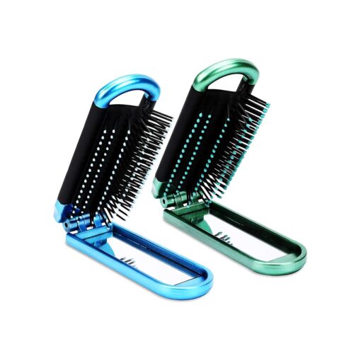 Mini Hair Brush,2 Pcs Folding Hair Brush Travel Hair Brush Compact Hair Brush with Mirror for Women Girls, Massage Comb Pocket Hair Comb for Travel, Gym, Trip, Purse, Swimming ( Blue & Green )