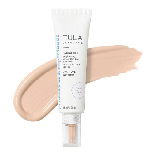 TULA Skin Care Radiant Skin Brightening Serum Skin Tint SPF-Facial Sunscreen Provides Broad Spectrum SPF 30 Protection, Tinted, Serum-Light Formula Brightens and Evens Skin-Shade 04, 1.0 fl oz .