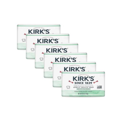 Kirk 's Castile Bar Soap Clean Soap for Men, Women & Children | Premium Coconut Oil | Sensitive Skin Formula, Vegan | Soothing Aloe Vera | 4 oz, Bars - 6 Pack