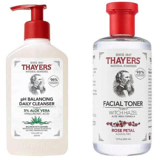 THAYERS Alcohol-Free, Hydrating, Rose Petal Toner with Aloe Vera Formula, 12 FL Oz + Thayers pH Balancing Daily Cleanser, Face Wash with Aloe Vera, Gentle and Hydrating Skincare, 8 FL Oz