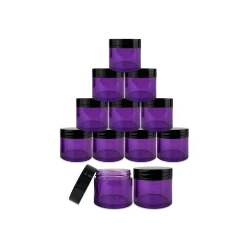 Beauticom 12 Piece 1 oz, USA Acrylic Round Clear Jars with Flat Top Lids for Creams, Lotion, Make Up, Cosmetics, Samples, Herbs, Ointment ( 12 Pieces Jars + Lids, PURPLE BASE w/Black Lid )