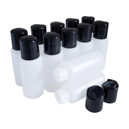 1oz HDPE Durable Plastic Travel Size Bottles with Black Press Disc Top Cap Natural Clear Containers for Any Liquid Products, Multi Purpose Refillable Empty Bottles ( Pack of 12 )