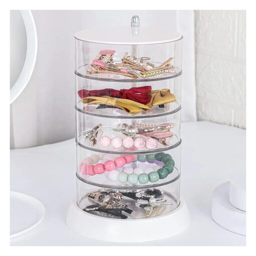 360deg Rotating Hair Accessories Organizer, Bathroom Container for Headband, Bows, Hair Tie, Hair Tools, Scrunchie, Cotton Swab Organization, Clear 5-Layer Acrylic Scrunchie Holder for Girls