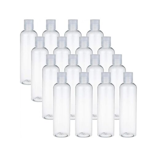 Bekith 16 Pack Plastic Empty Squeeze Bottles with Disc Top Flip Cap - 8oz Travel Containers For Shampoo, Lotions, Liquid Body Soap, Creams, Clear