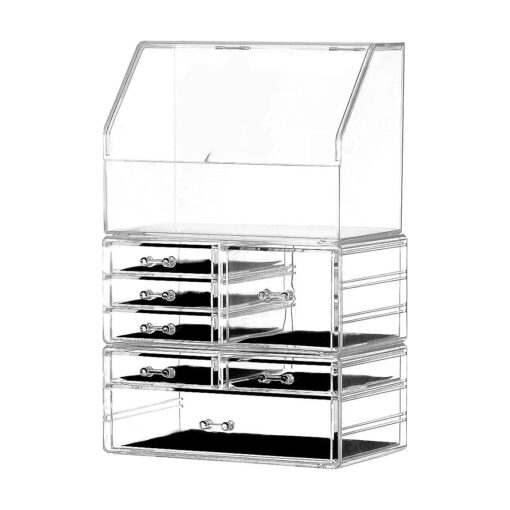 Cq acrylic Cosmetic Display Cases With LId Dustproof Waterproof for Bathroom Countertop Stackable Clear Makeup Organizer and Storage With 7 Drawers, Set of 3